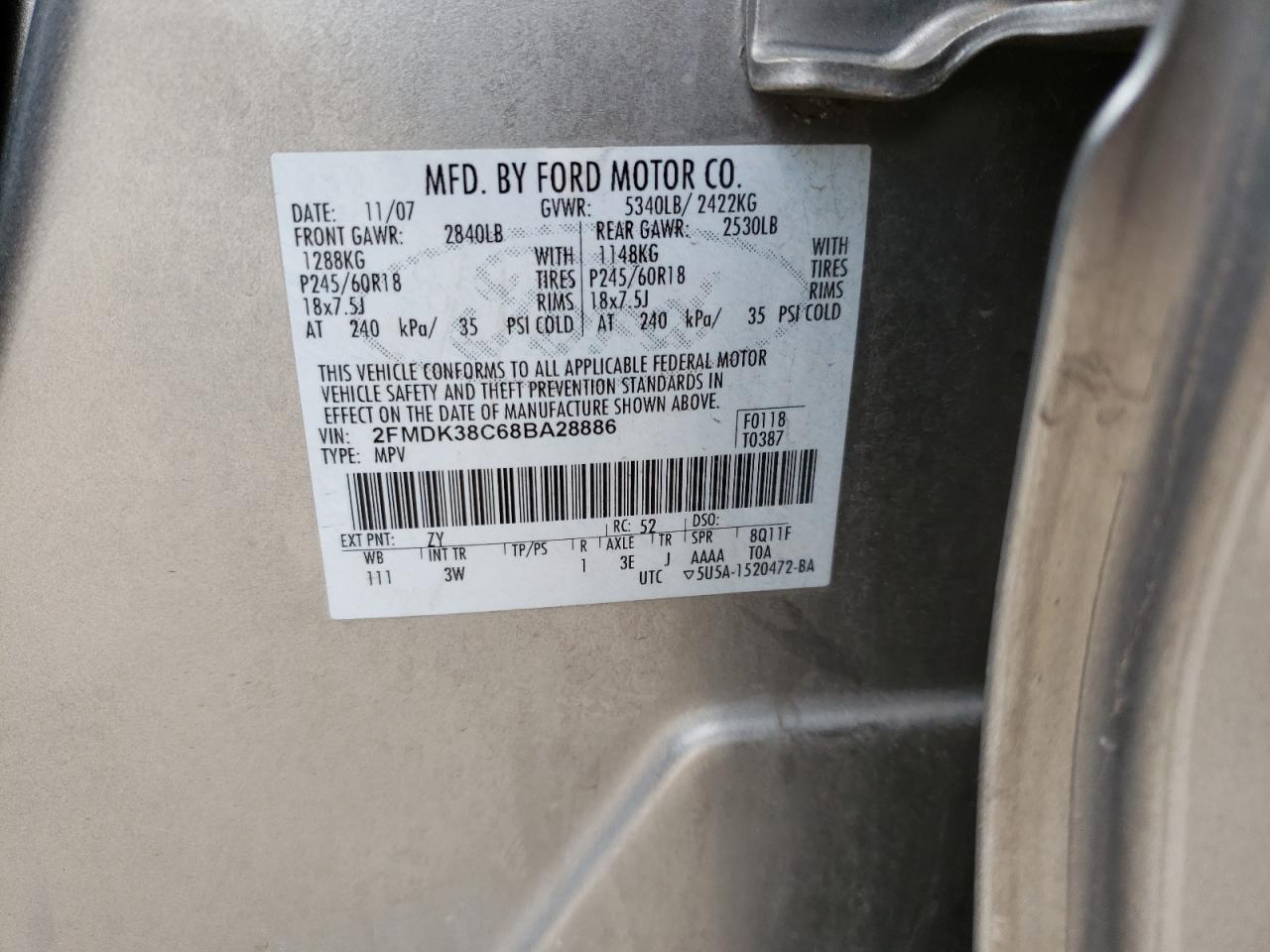 Photo 10 from auction – 2008 FORD EDGE SEL with VIN 2FMDK38C68BA28886
