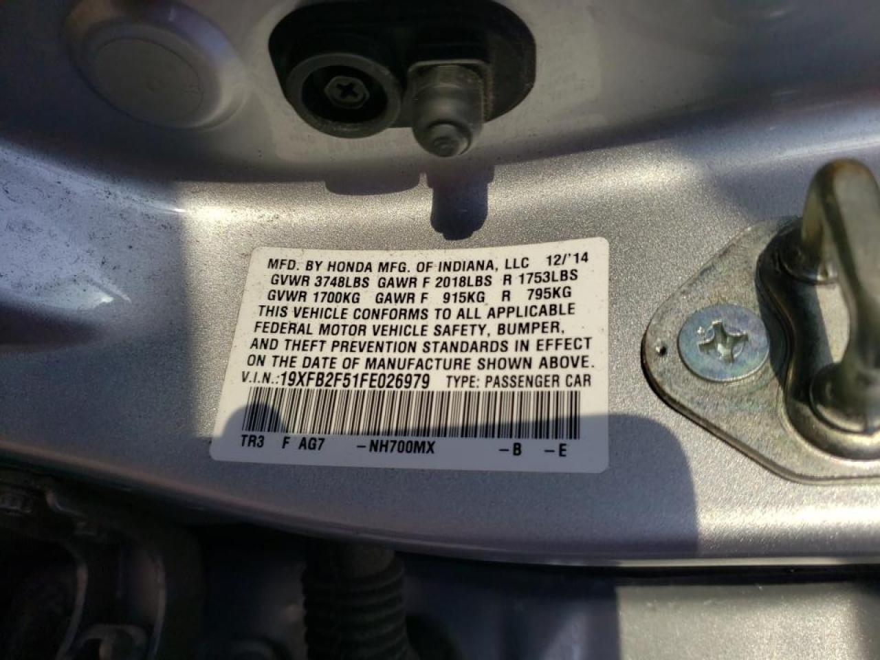 Photo 10 from auction – 2015 HONDA CIVIC LX with VIN 19XFB2F51FE026979