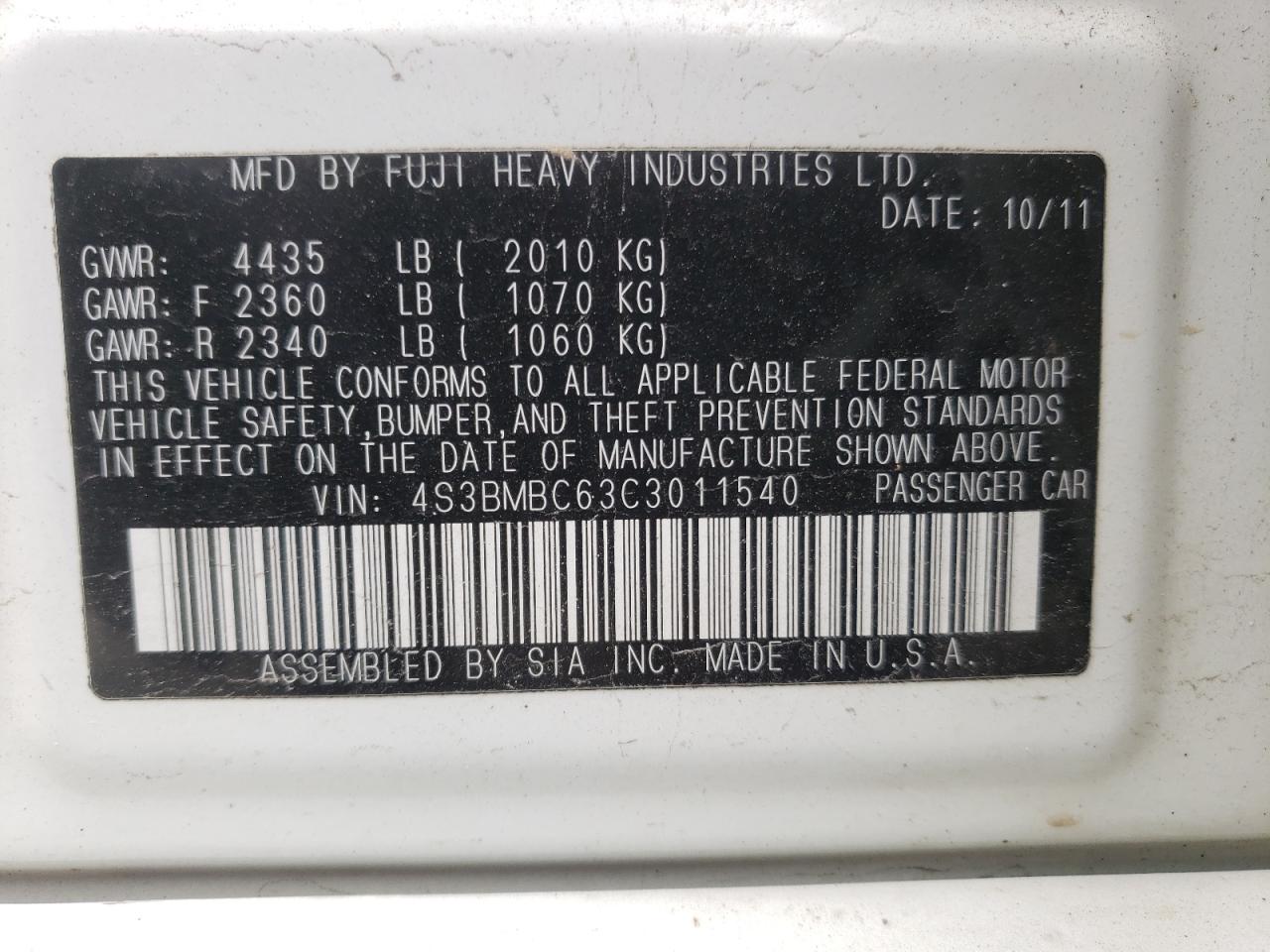 Photo 10 from auction – 2012 SUBARU LEGACY 2.5 with VIN 4S3BMBC63C3011540