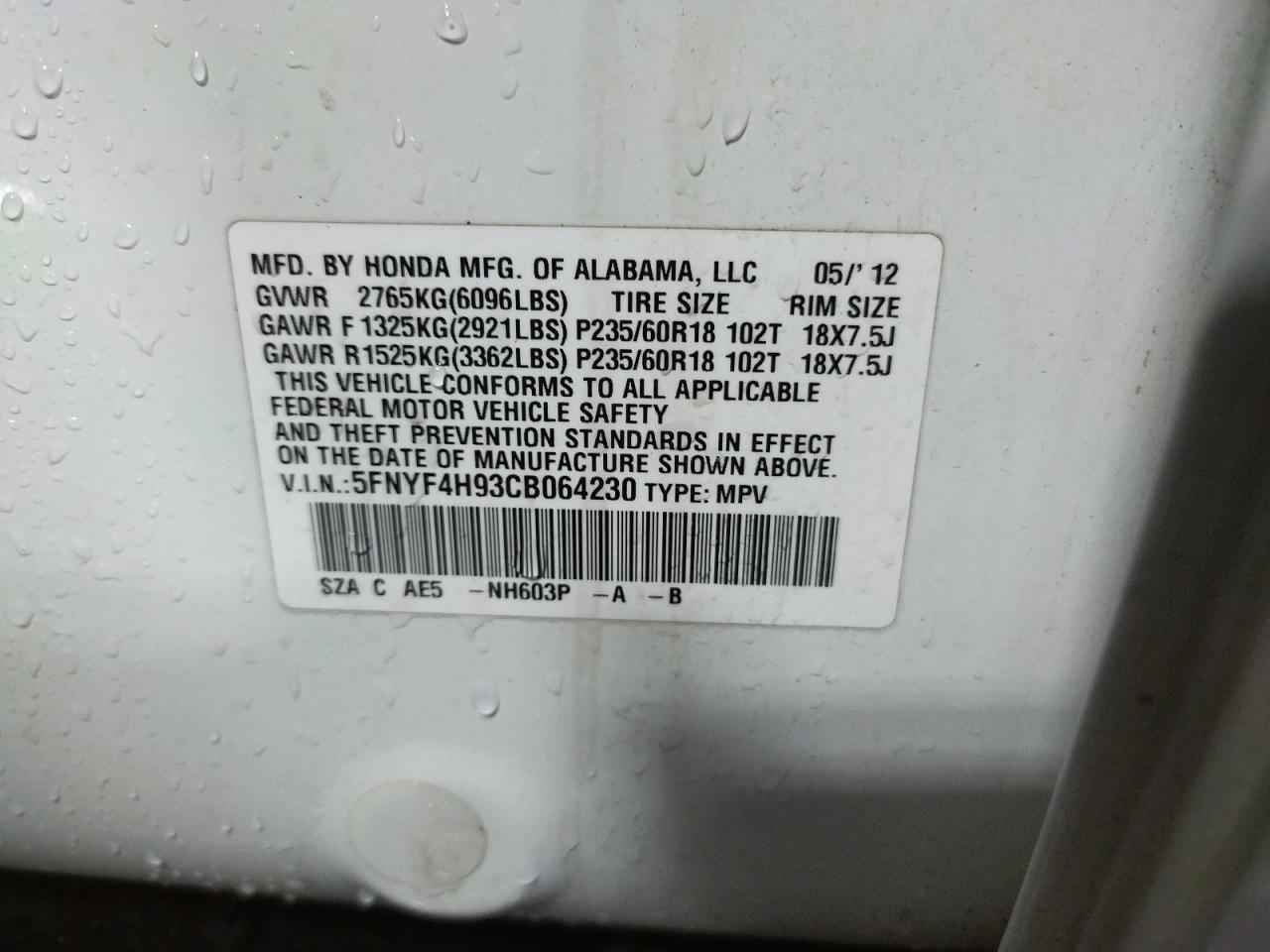 Photo 10 from auction – 2012 HONDA PILOT TOUR with VIN 5FNYF4H93CB064230