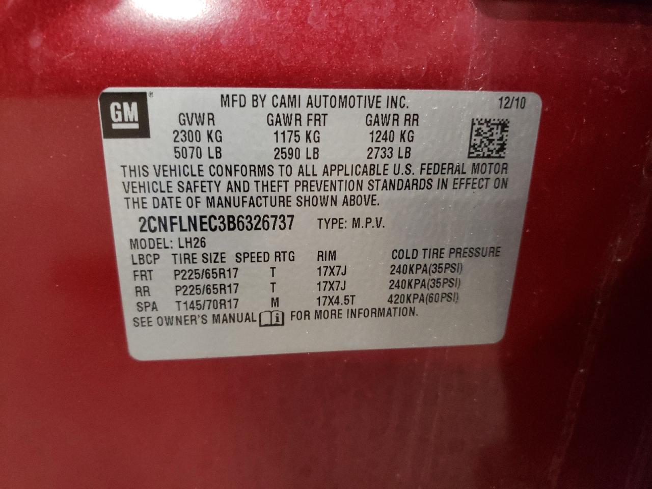 Photo 11 from auction – 2011 CHEVROLET EQUINOX LT with VIN 2CNFLNEC3B6326737
