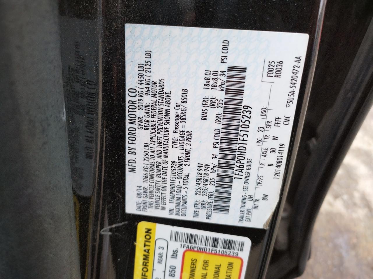 Photo 10 from auction – 2015 FORD FUSION SE with VIN 1FA6P0HD1F5105239