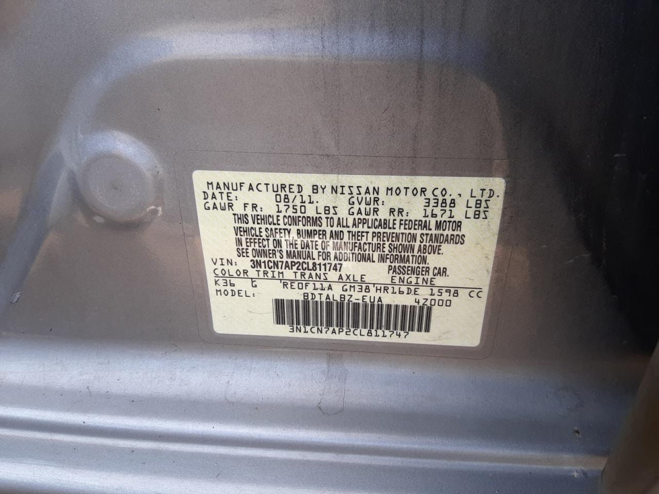 Photo 10 from auction – 2012 NISSAN VERSA S with VIN 3N1CN7AP2CL811747