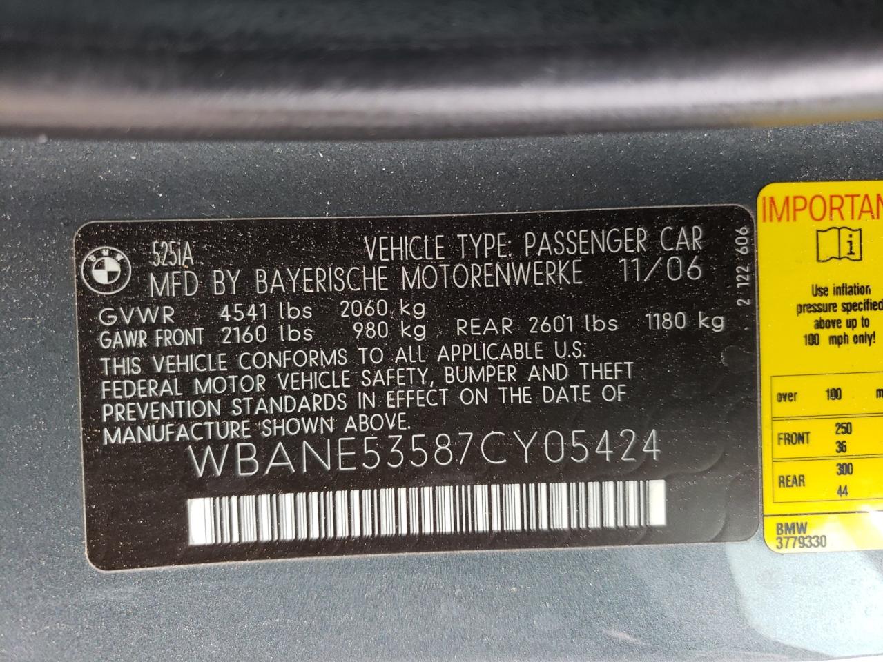Photo 10 from auction – 2007 BMW 525 I with VIN WBANE53587CY05424