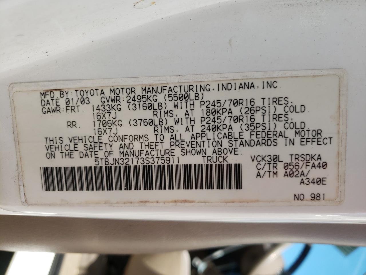 Photo 10 from auction – 2003 TOYOTA TUNDRA with VIN 5TBJN32173S375911