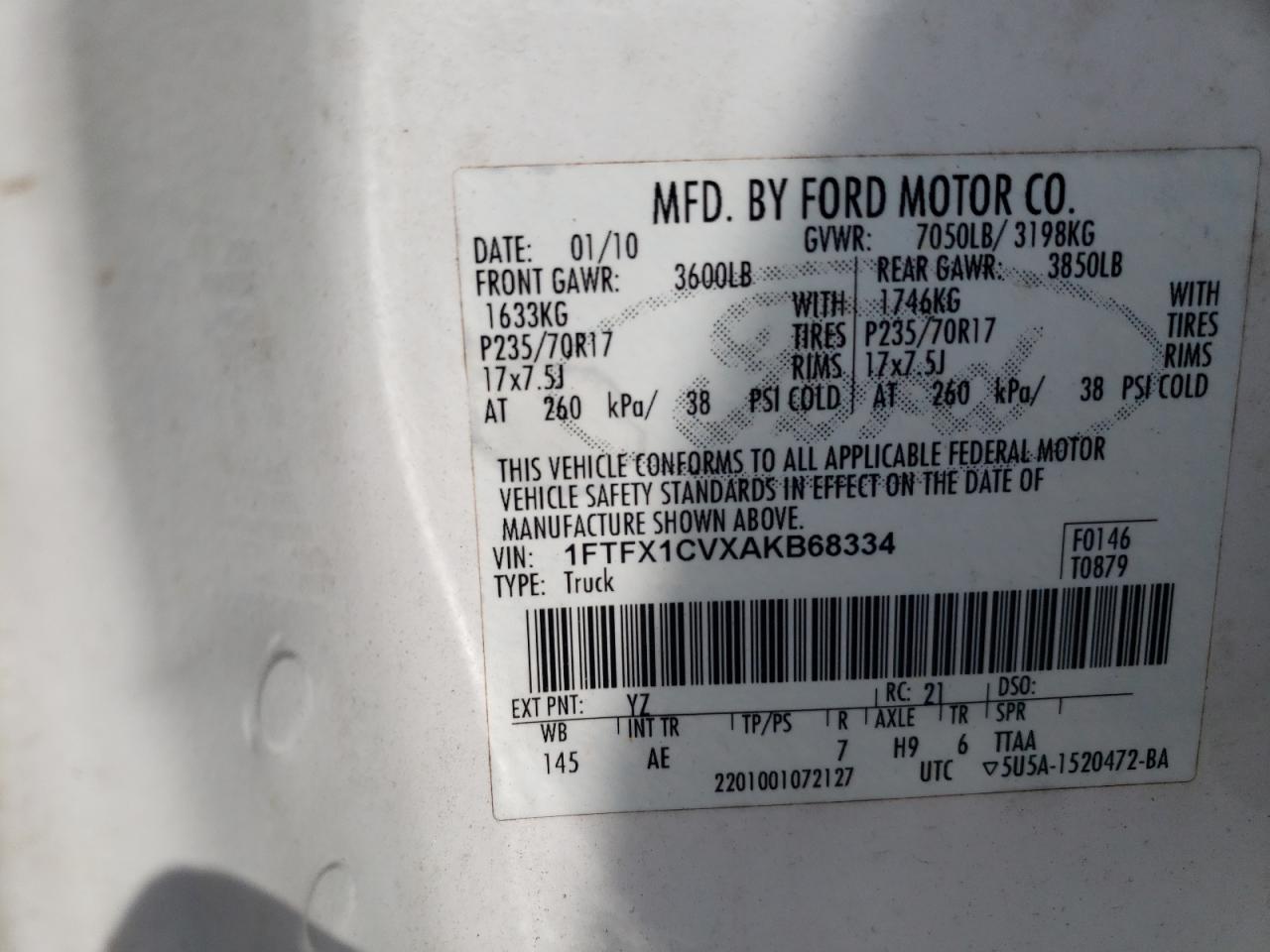 Photo 10 from auction – 2010 FORD F150 SUPER with VIN 1FTFX1CVXAKB68334