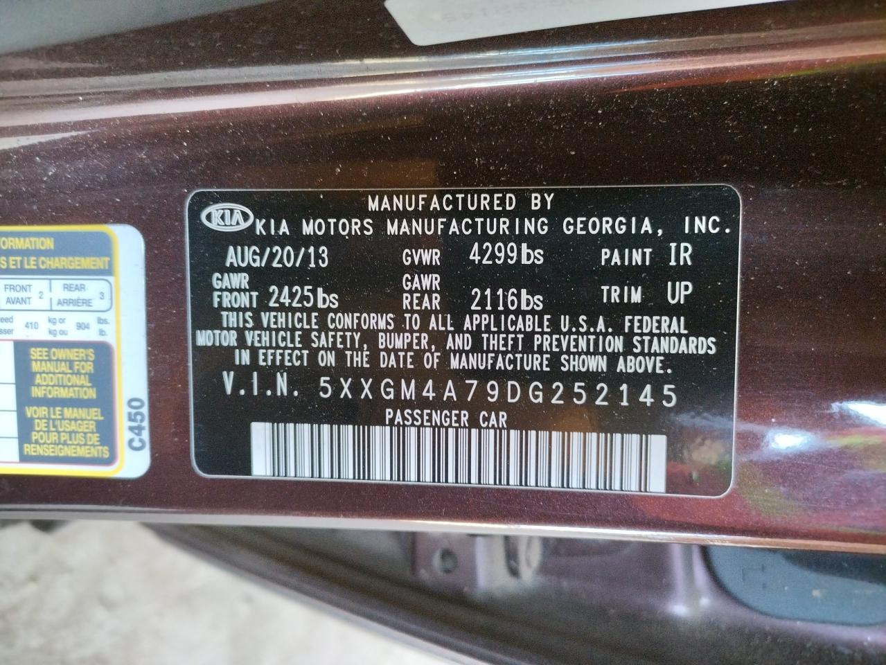 Photo 10 from auction – 2013 KIA OPTIMA LX with VIN 5XXGM4A79DG252145