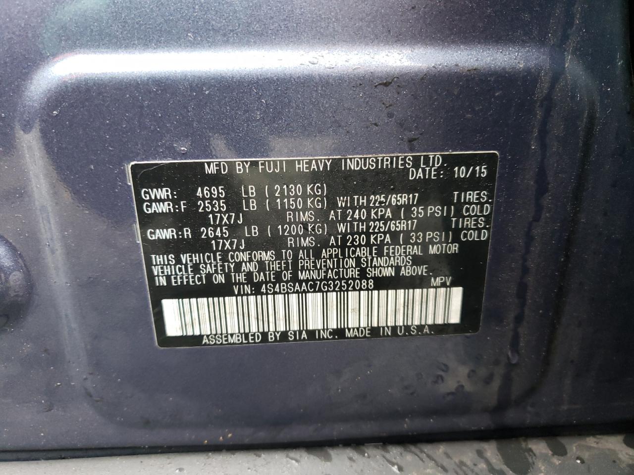 Photo 10 from auction – 2016 SUBARU OUTBACK 2. with VIN 4S4BSAAC7G3252088