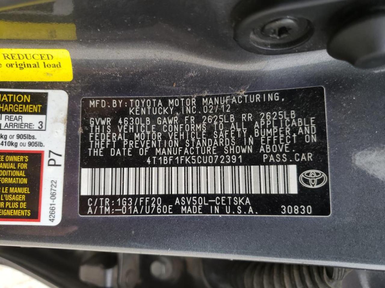 Photo 10 from auction – 2012 TOYOTA CAMRY BASE with VIN 4T1BF1FK5CU072391