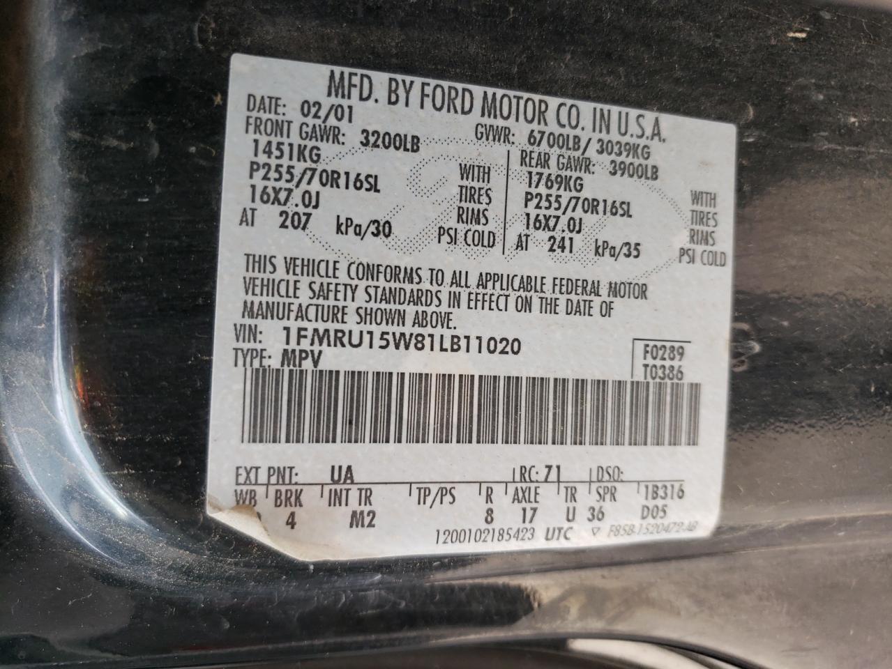 Photo 10 from auction – 2001 FORD EXPEDITION with VIN 1FMRU15W81LB11020