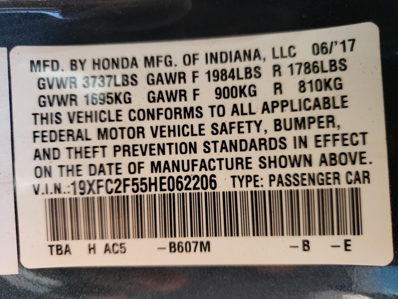 Photo 10 from auction – 2017 HONDA CIVIC LX with VIN 19XFC2F55HE062206