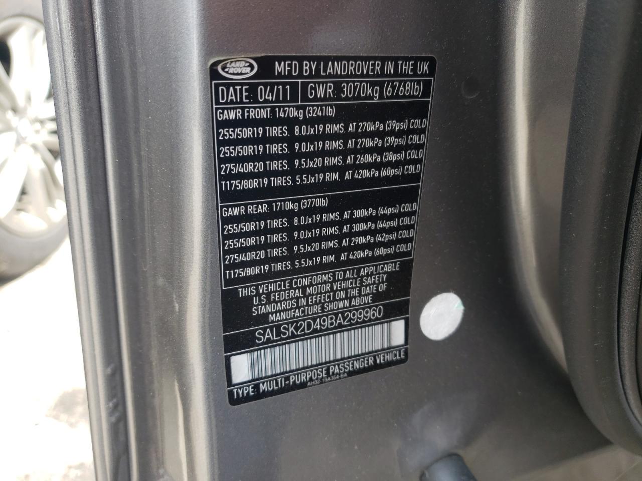 Photo 10 from auction – 2011 LAND ROVER RANGE ROVE with VIN SALSK2D49BA299960