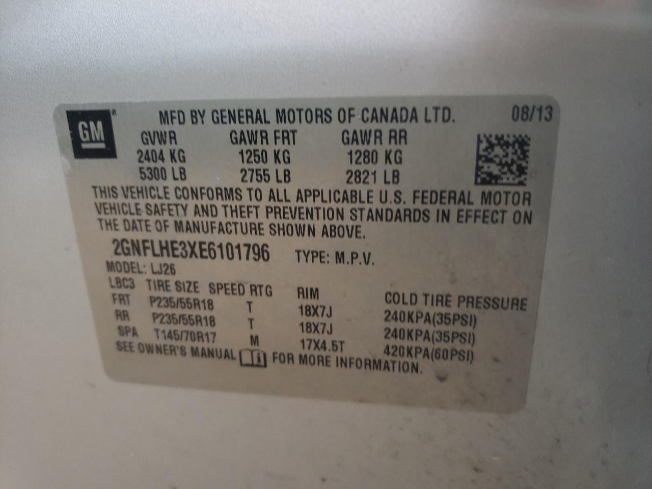 Photo 10 from auction – 2014 CHEVROLET EQUINOX LT with VIN 2GNFLHE3XE6101796