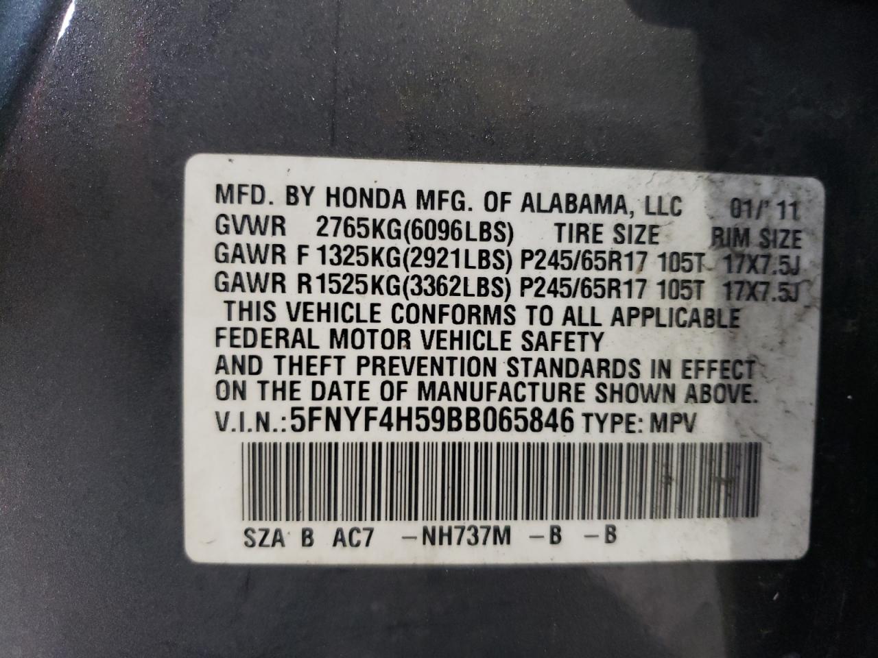 Photo 10 from auction – 2011 HONDA PILOT EXL with VIN 5FNYF4H59BB065846