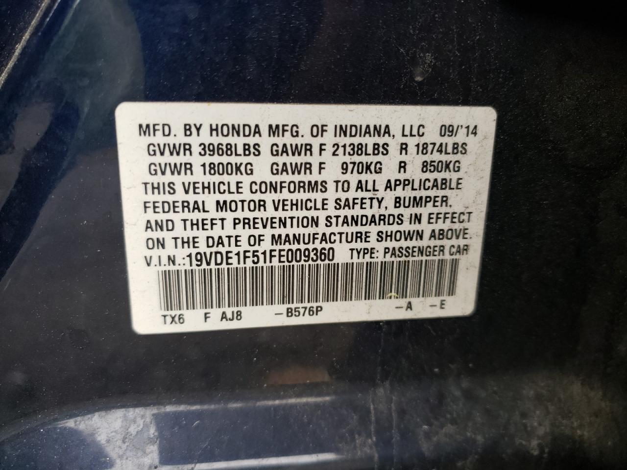 Photo 10 from auction – 2015 ACURA ILX 20 PRE with VIN 19VDE1F51FE009360
