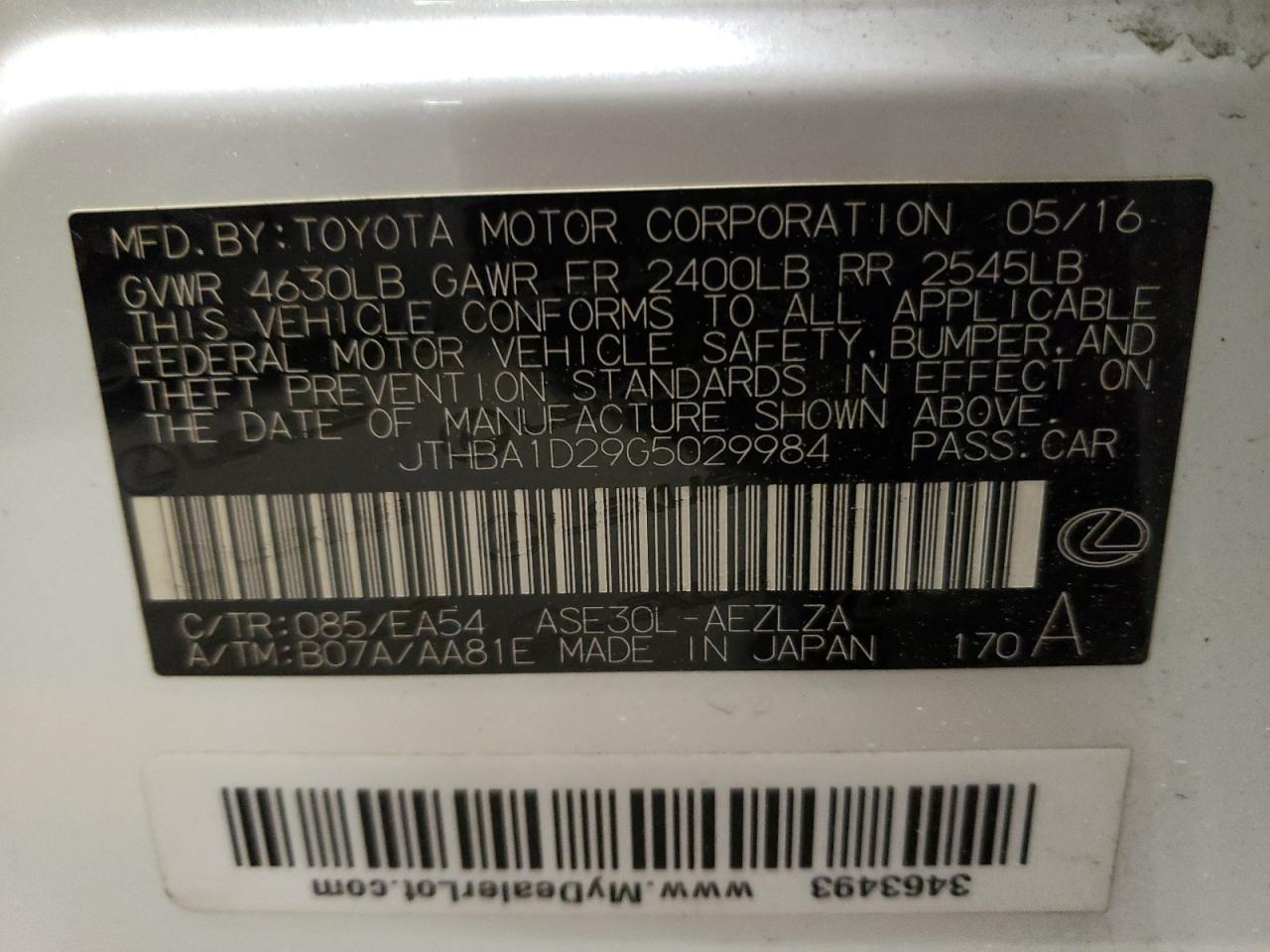 Photo 10 from auction – 2016 LEXUS IS 200T with VIN JTHBA1D29G5029984