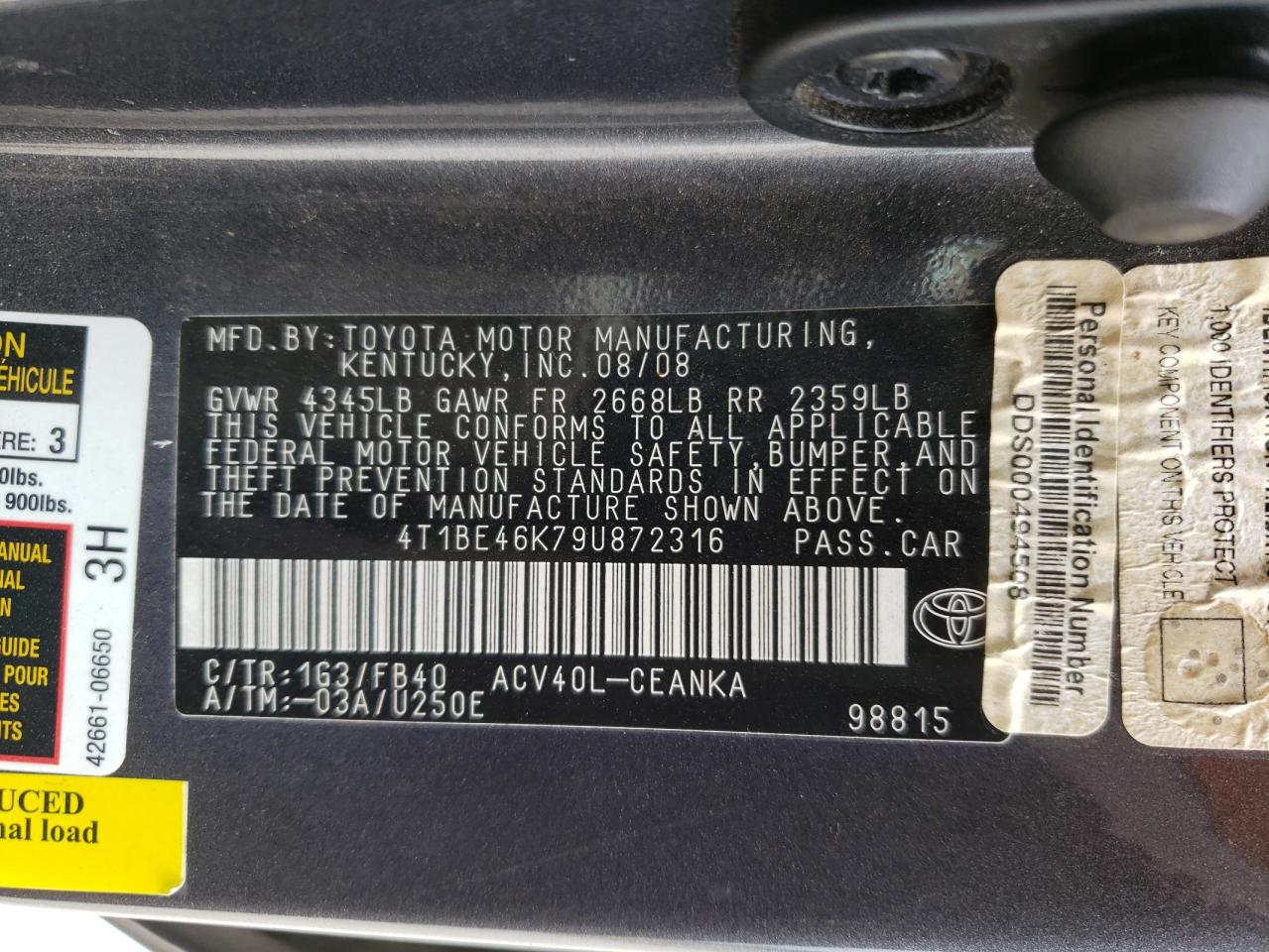 Photo 10 from auction – 2009 TOYOTA CAMRY BASE with VIN 4T1BE46K79U872316