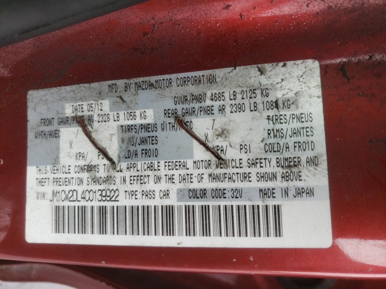 Photo 10 from auction – 2012 MAZDA 5 with VIN JM1CW2DL4C0139922