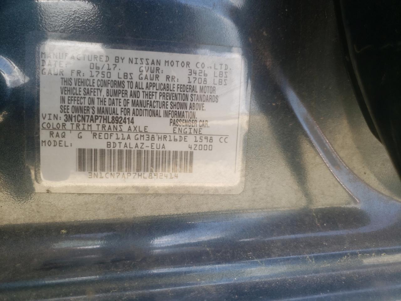 Photo 10 from auction – 2017 NISSAN VERSA S with VIN 3N1CN7AP7HL892414