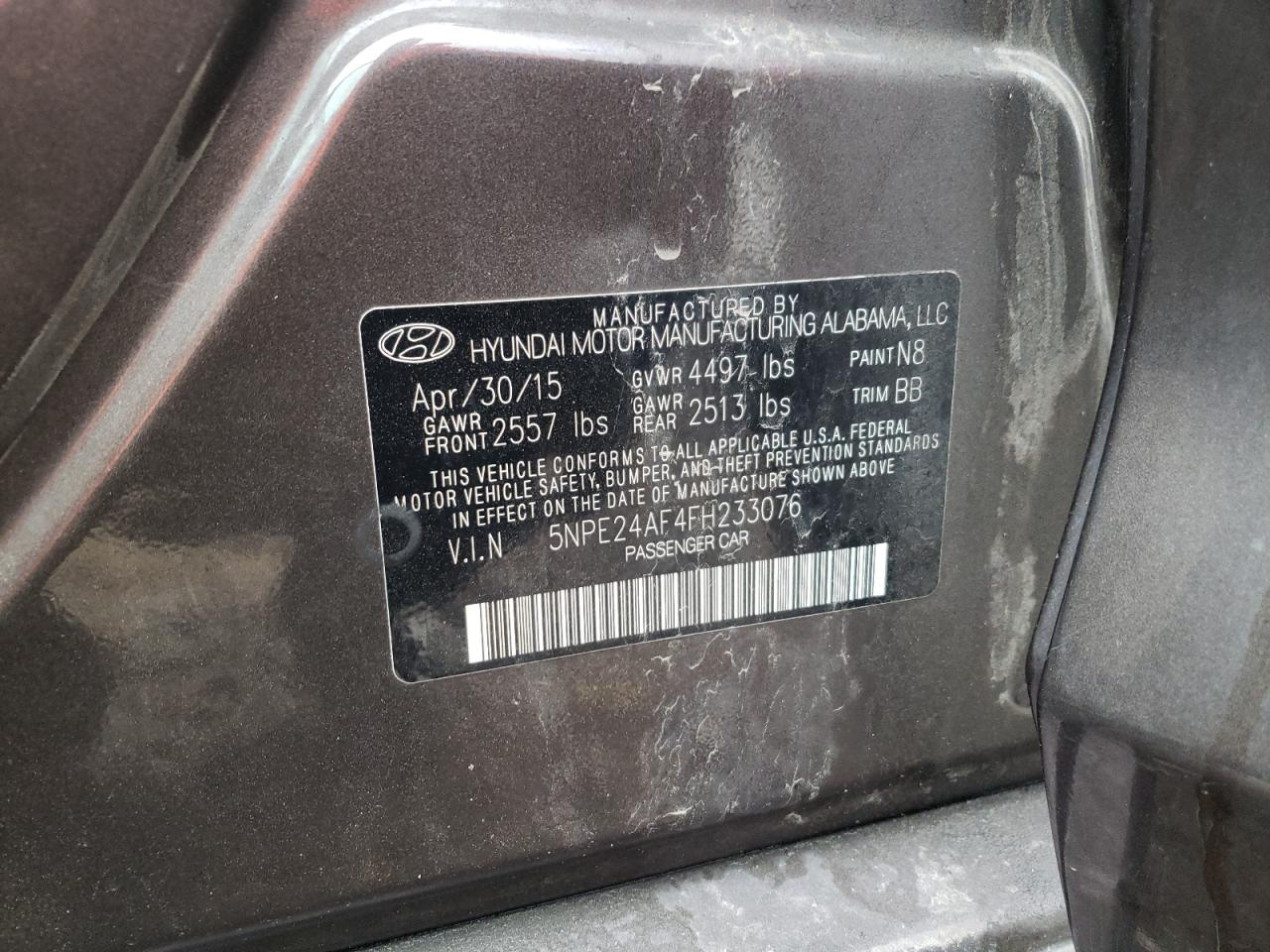 Photo 10 from auction – 2015 HYUNDAI SONATA SE with VIN 5NPE24AF4FH233076