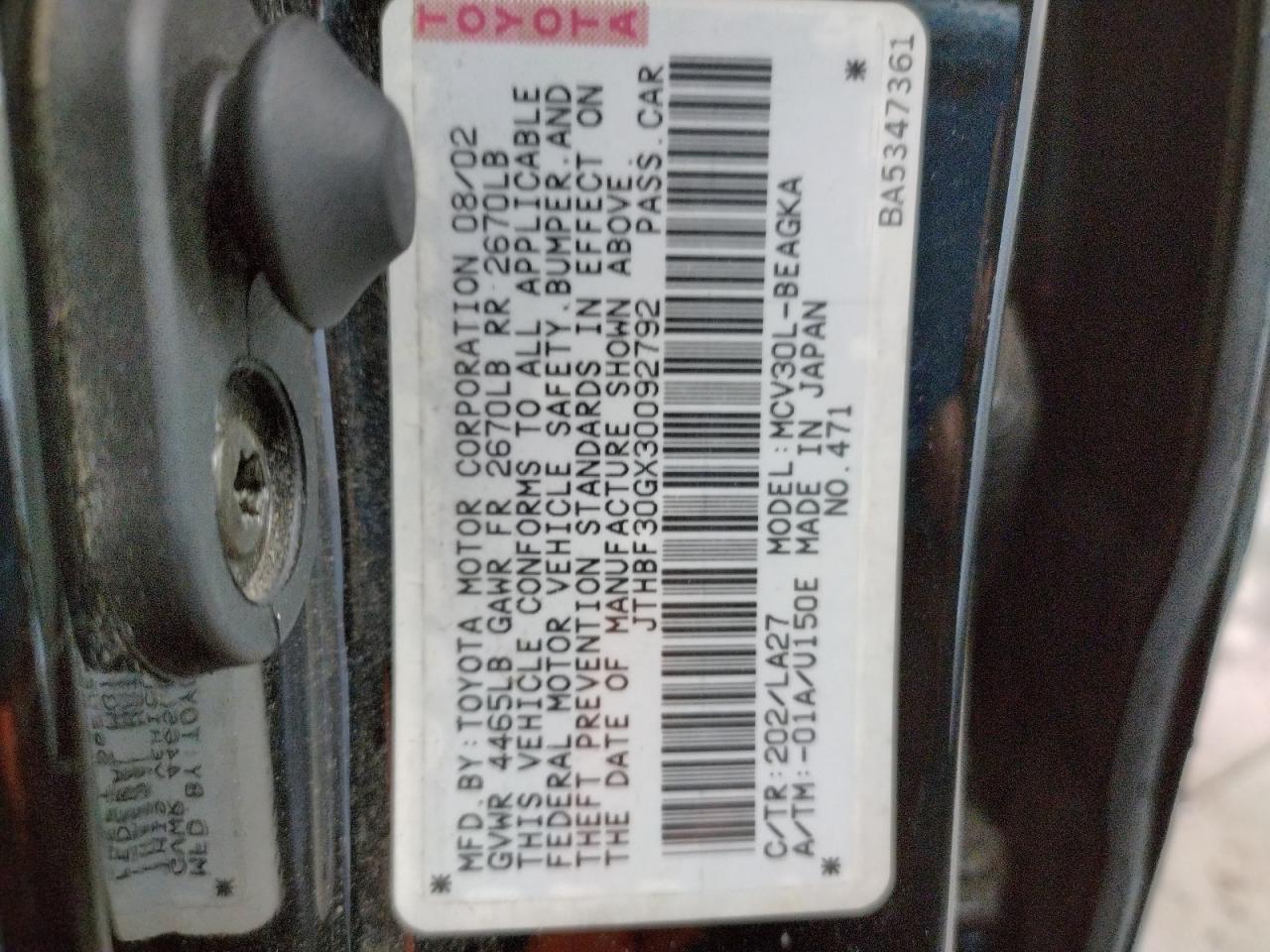 Foto 10 de la subasta – 2003 LEXUS ES 300 con VIN JTHBF30GX30092792