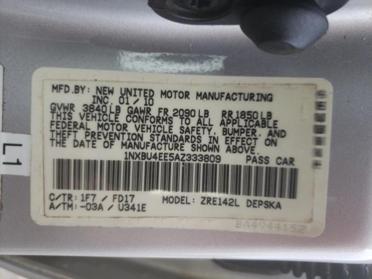 Photo 10 from auction – 2010 TOYOTA COROLLA with VIN 1NXBU4EE5AZ333809