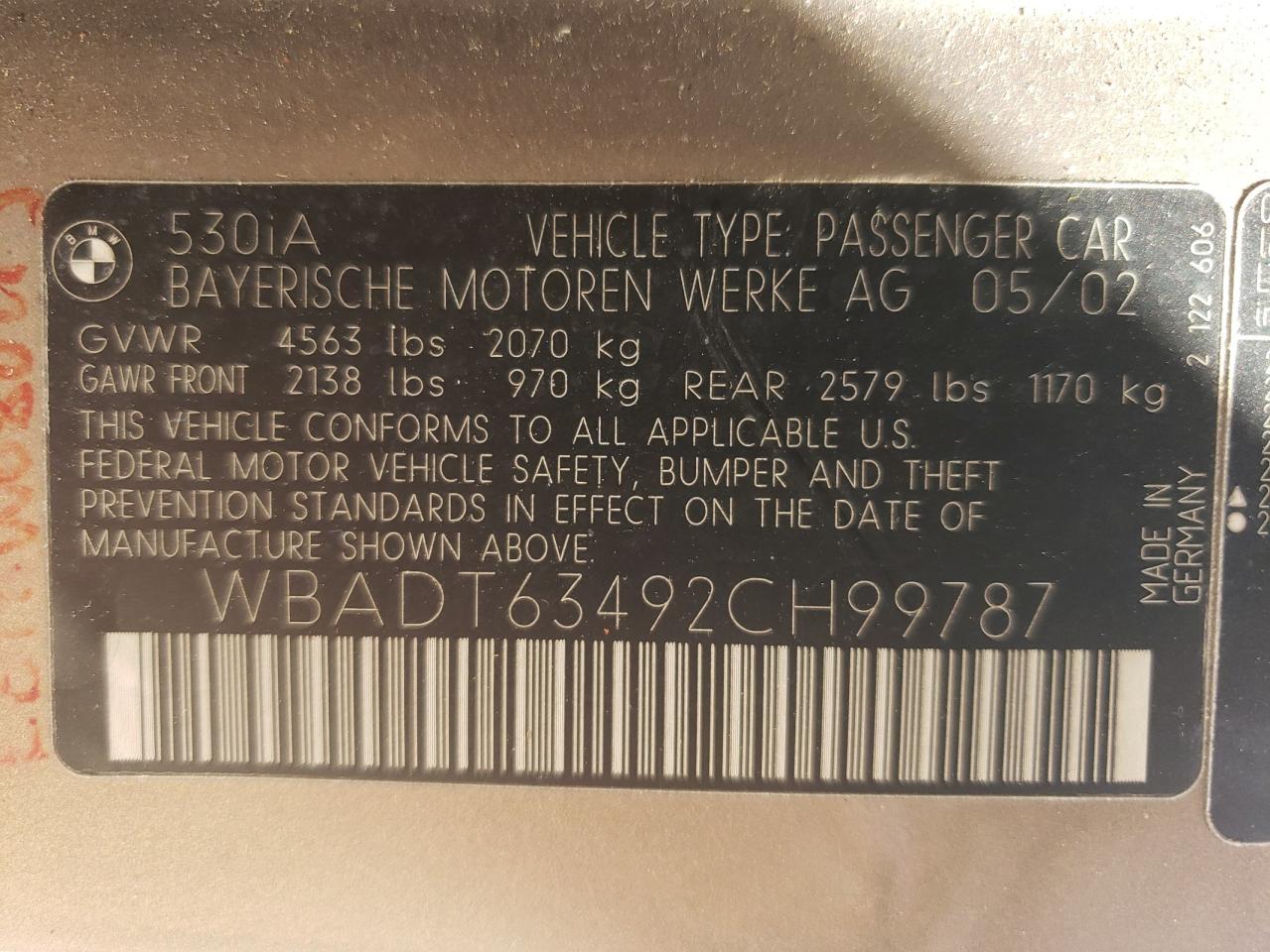 Photo 10 from auction – 2002 BMW 530I AUTOM with VIN WBADT63492CH99787