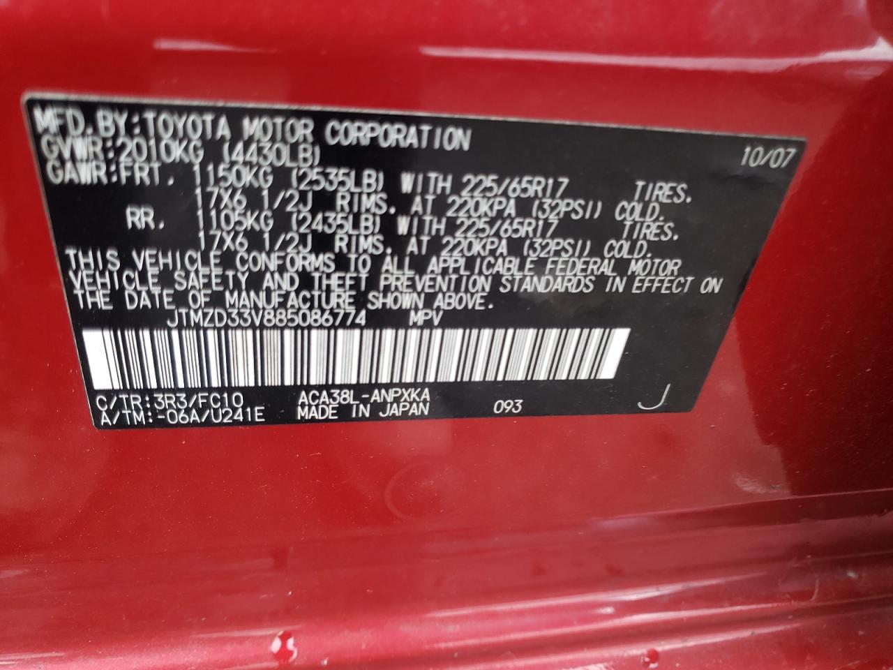 Photo 10 from auction – 2008 TOYOTA RAV4 with VIN JTMZD33V885086774