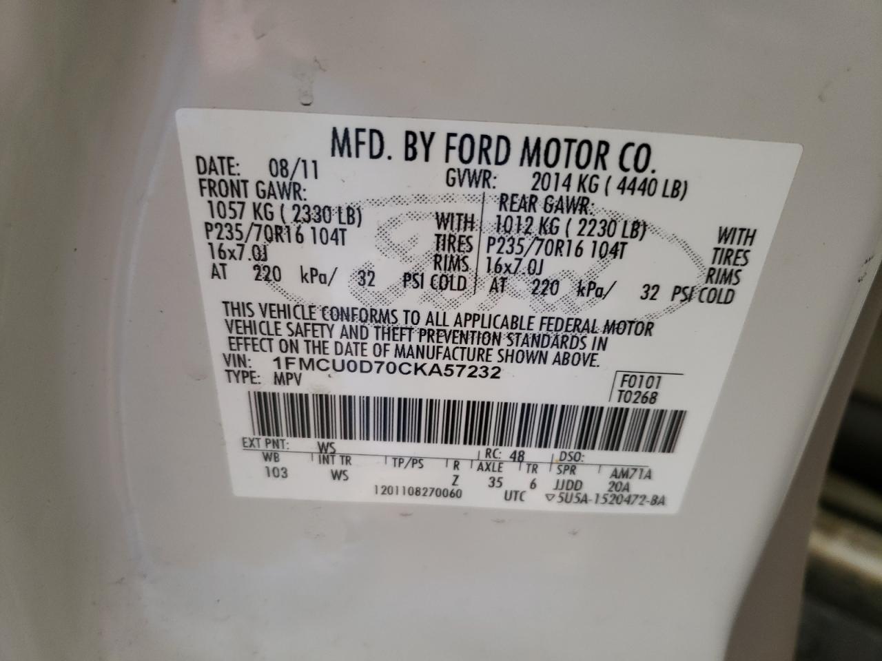 Photo 10 from auction – 2012 FORD ESCAPE XLT with VIN 1FMCU0D70CKA57232