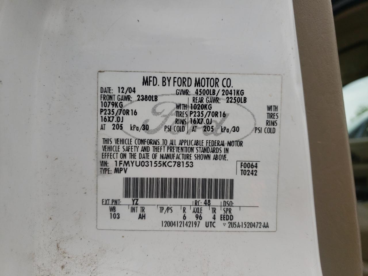 Photo 10 from auction – 2005 FORD ESCAPE with VIN 1FMYU03155KC78153