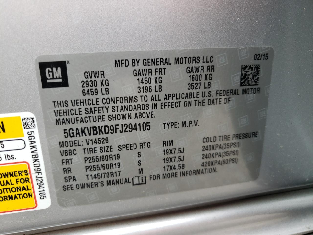 Photo 10 from auction – 2015 BUICK ENCLAVE with VIN 5GAKVBKD9FJ294105