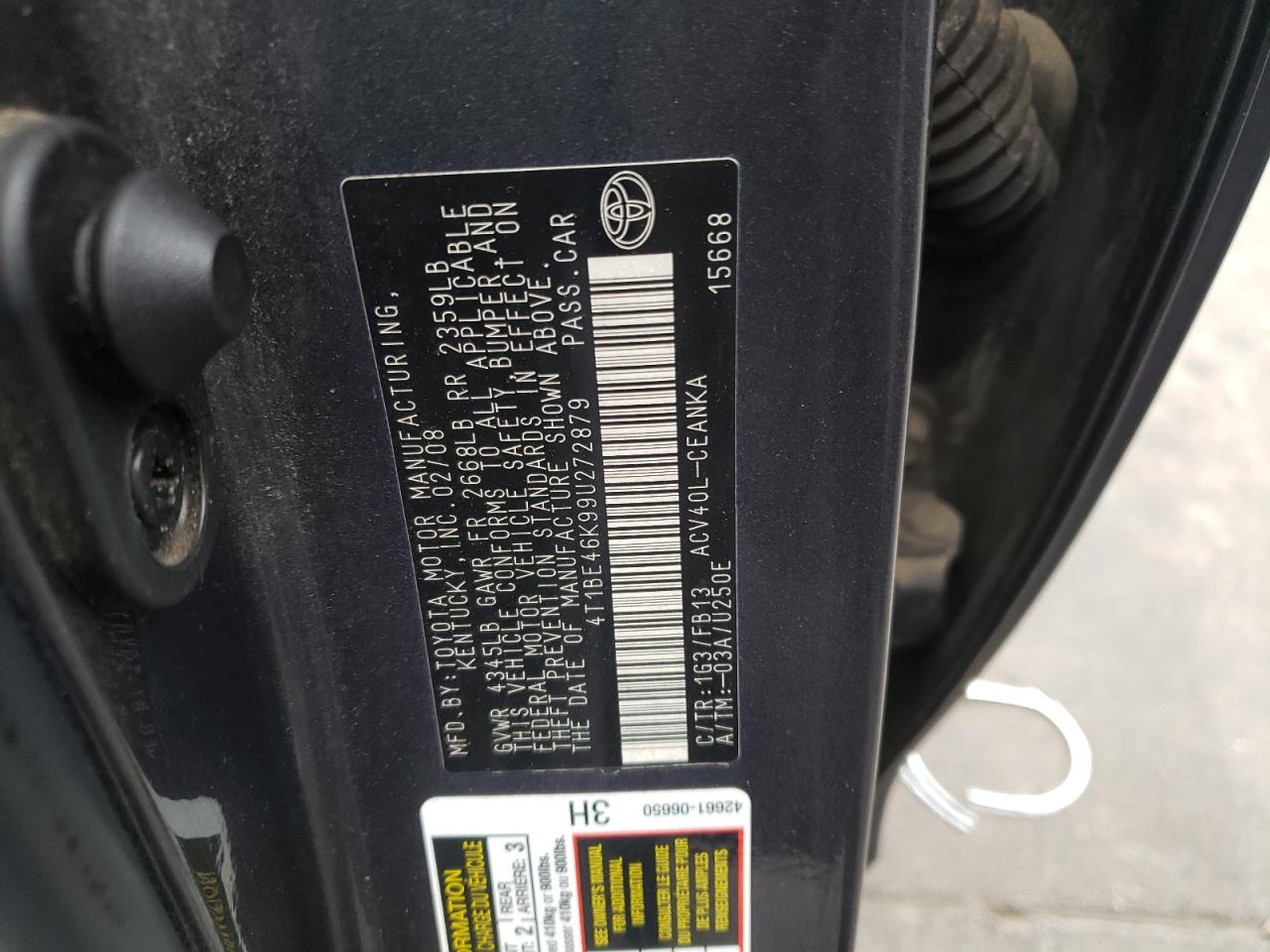 Photo 10 from auction – 2009 TOYOTA CAMRY BASE with VIN 4T1BE46K99U272879