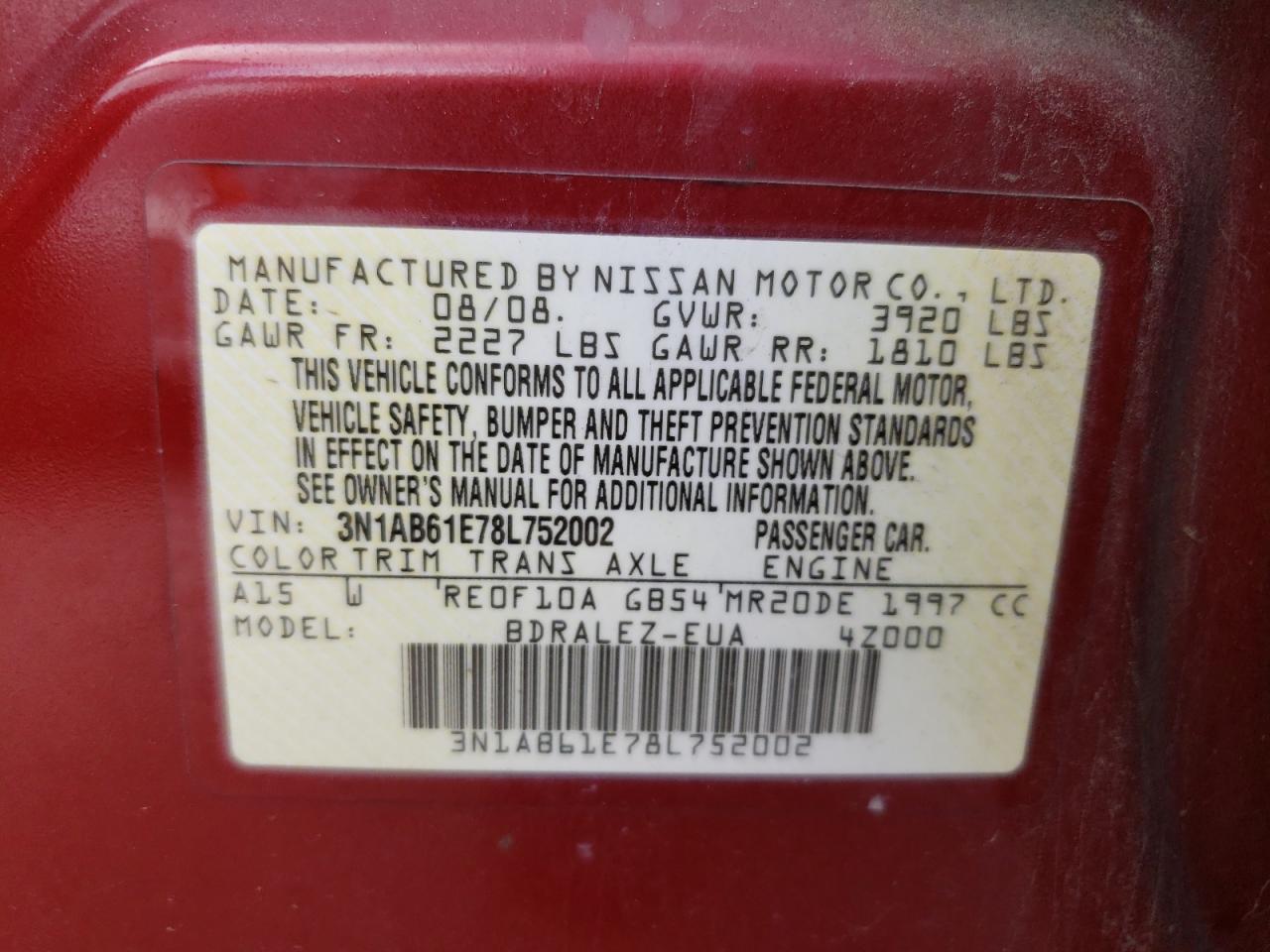 Photo 10 from auction – 2008 NISSAN SENTRA 2.0 with VIN 3N1AB61E78L752002