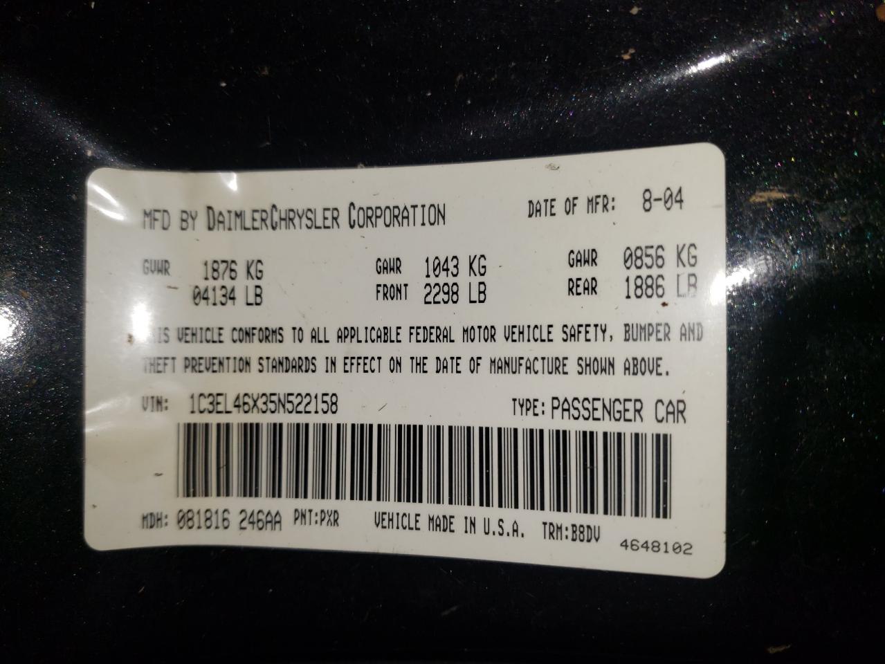 Photo 10 from auction – 2005 CHRYSLER SEBRING with VIN 1C3EL46X35N522158