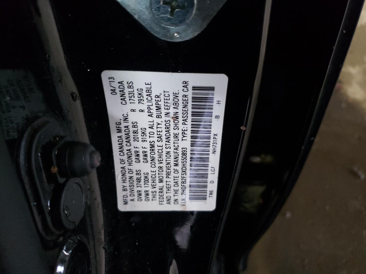 Photo 10 from auction – 2013 HONDA CIVIC LX with VIN 2HGFB2F5XDH550893