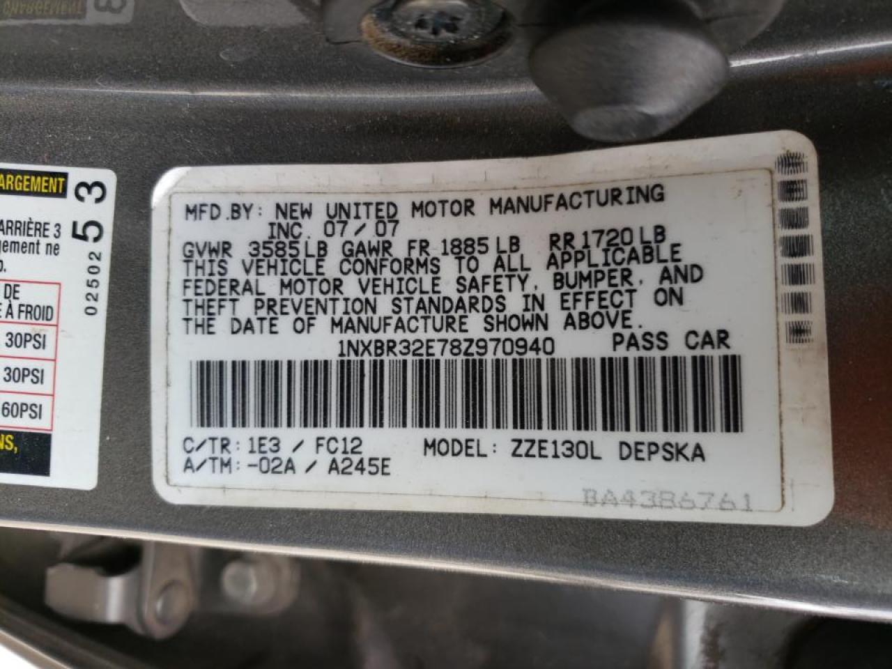 Photo 10 from auction – 2008 TOYOTA COROLLA CE with VIN 1NXBR32E78Z970940