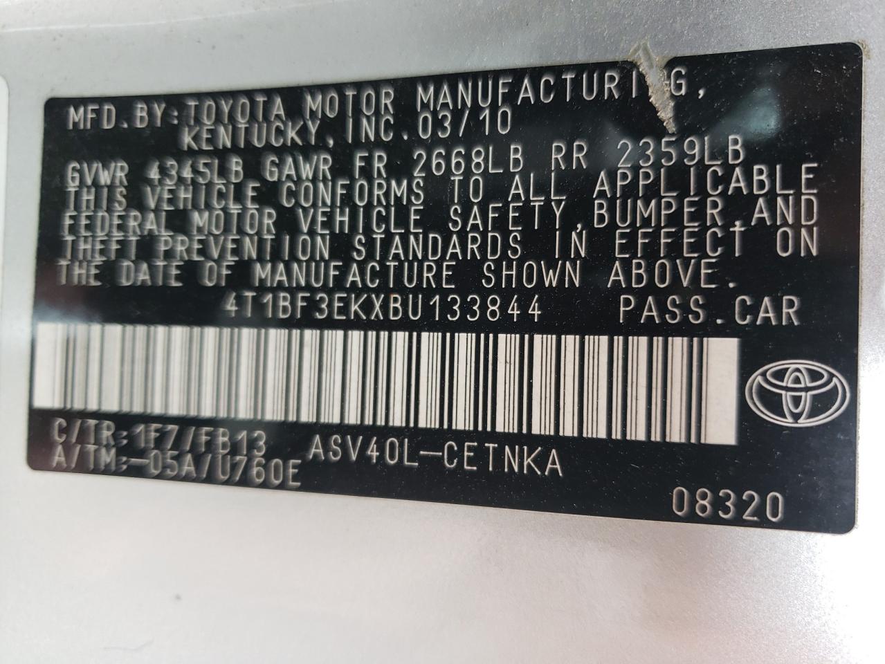 Photo 10 from auction – 2011 TOYOTA CAMRY BASE with VIN 4T1BF3EKXBU133844