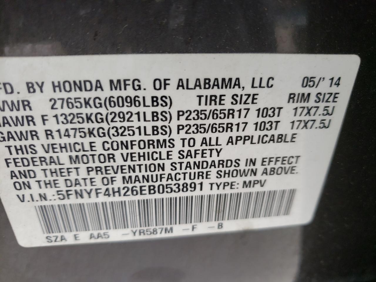 Photo 10 from auction – 2014 HONDA PILOT LX with VIN 5FNYF4H26EB053891
