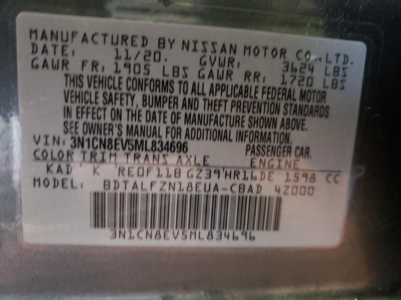Photo 10 from auction – 2021 NISSAN VERSA SV with VIN 3N1CN8EV5ML834696