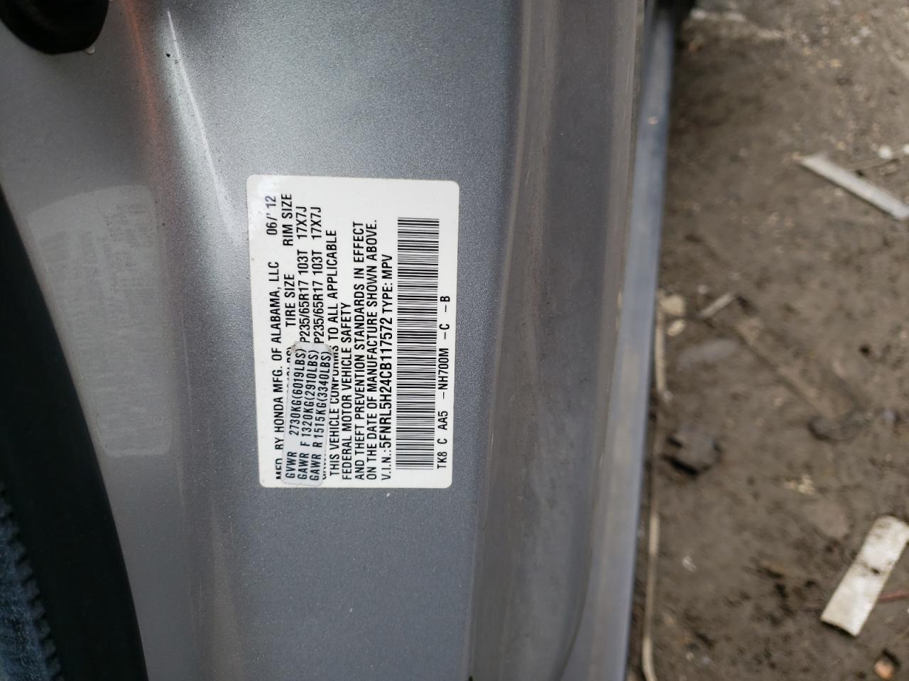 Photo 10 from auction – 2012 HONDA ODYSSEY LX with VIN 5FNRL5H24CB117572