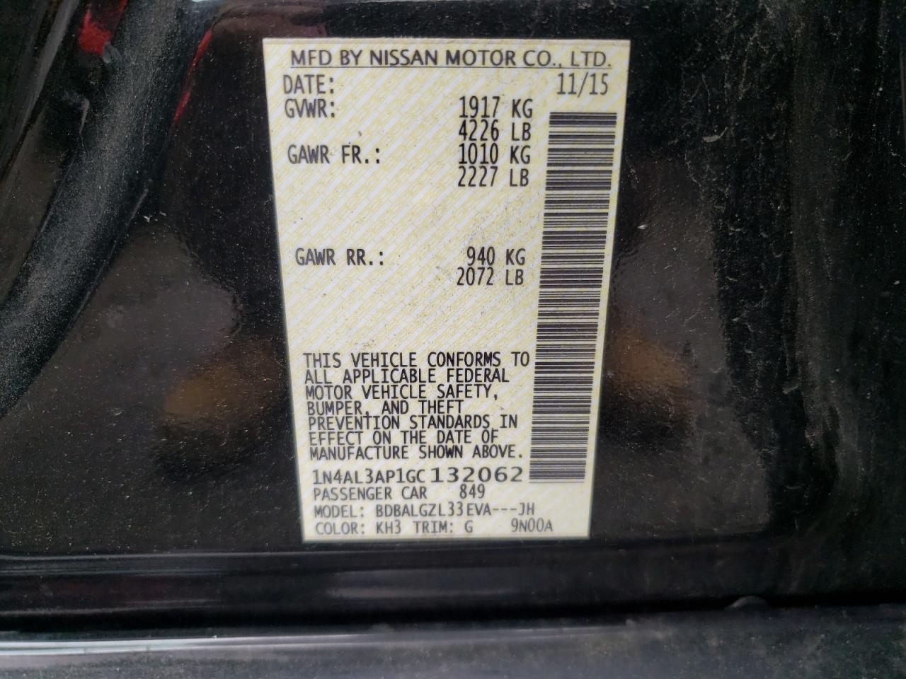 Photo 10 from auction – 2016 NISSAN ALTIMA 2.5 with VIN 1N4AL3AP1GC132062