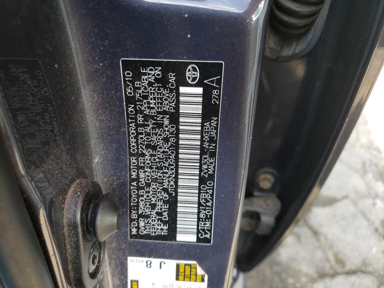 Photo 10 from auction – 2010 TOYOTA PRIUS with VIN JTDKN3DU9A0178130