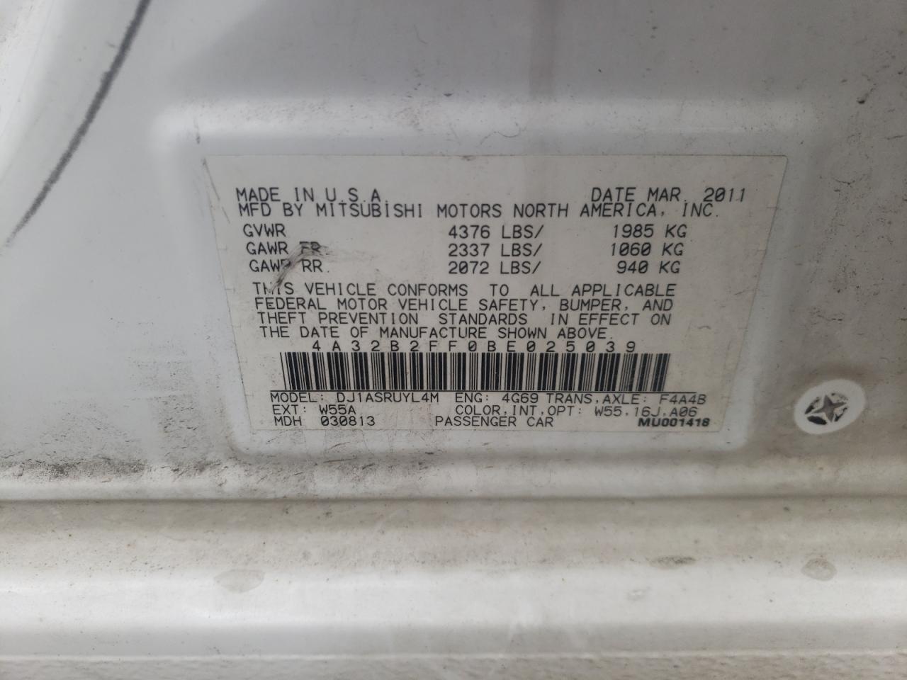 Photo 10 from auction – 2011 MITSUBISHI GALANT FE with VIN 4A32B2FF0BE025039
