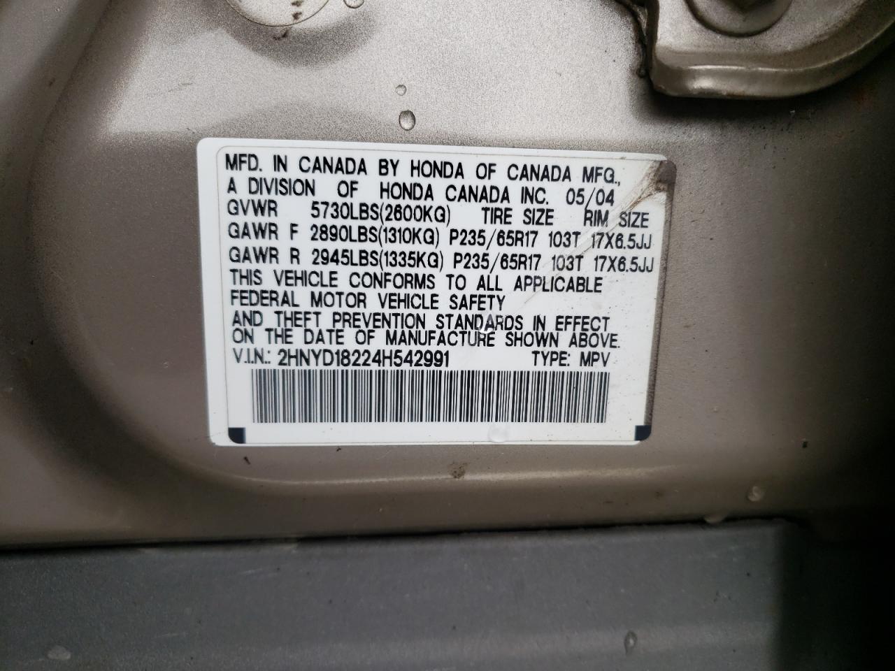 Photo 10 from auction – 2004 ACURA MDX with VIN 2HNYD18224H542991