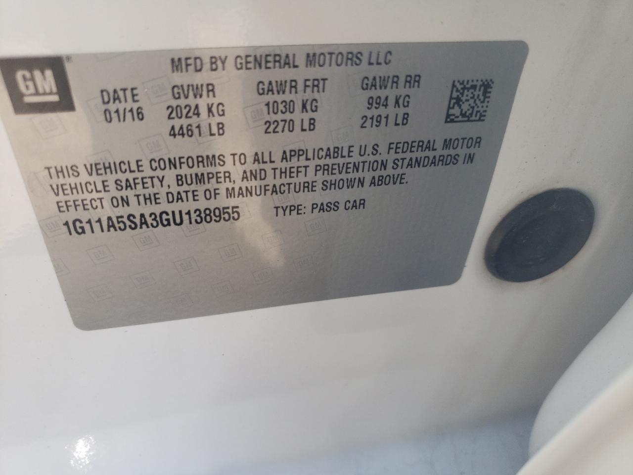 Photo 10 from auction – 2016 CHEVROLET MALIBU LIM with VIN 1G11A5SA3GU138955
