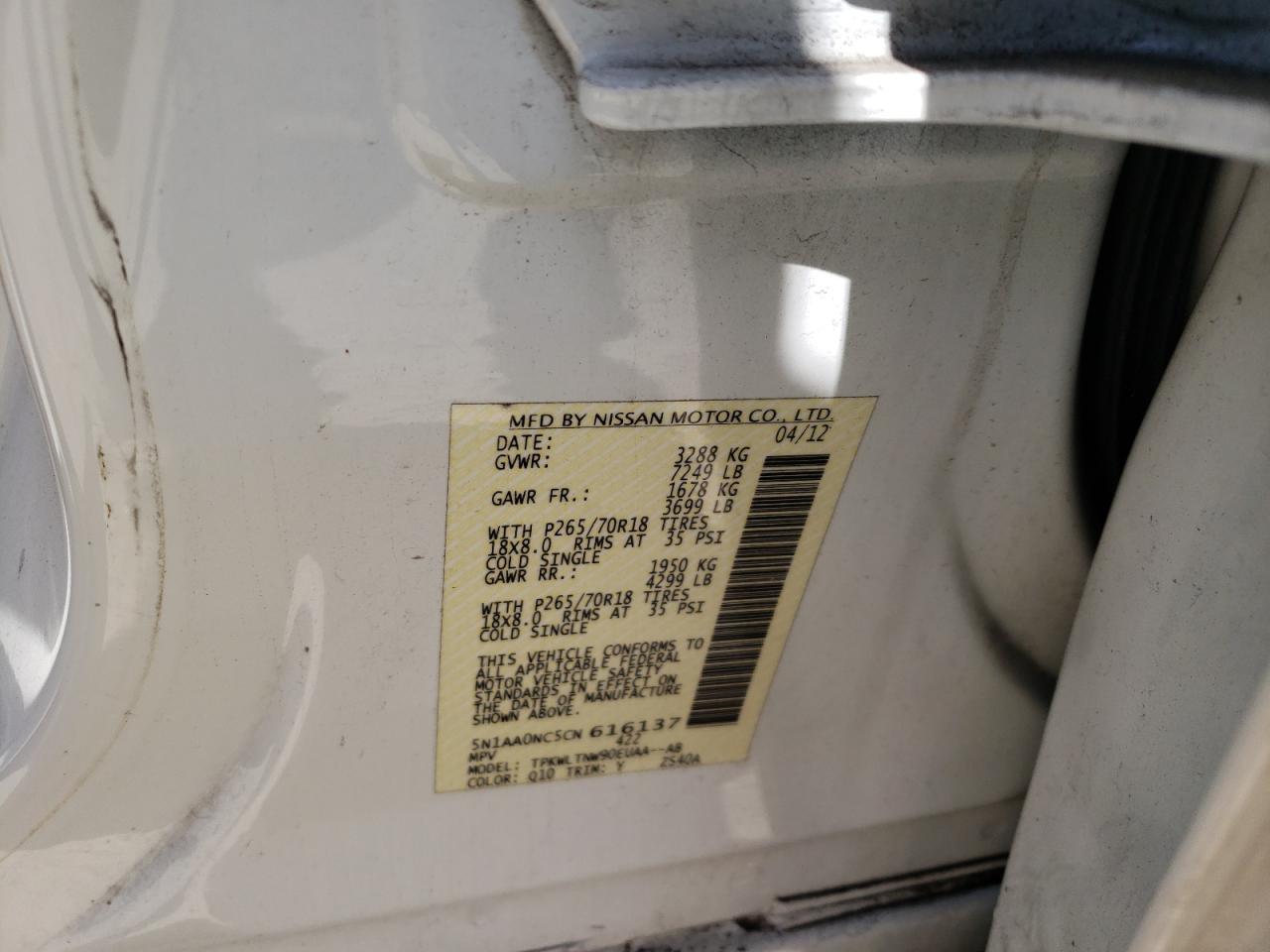 Photo 10 from auction – 2012 NISSAN ARMADA SV with VIN 5N1AA0NC5CN616137