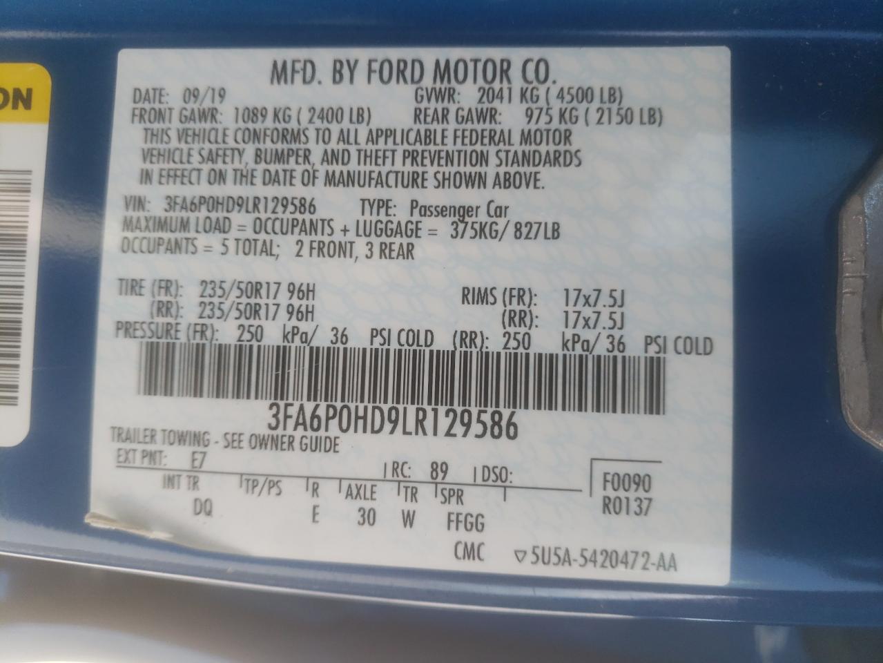 Photo 10 from auction – 2020 FORD FUSION SE with VIN 3FA6P0HD9LR129586