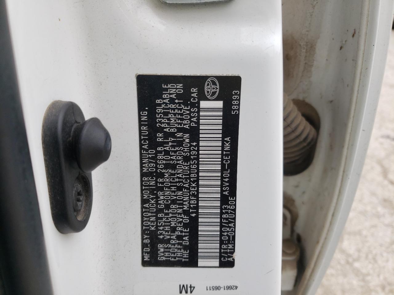 Photo 10 from auction – 2011 TOYOTA CAMRY BASE with VIN 4T1BF3EK1BU651924