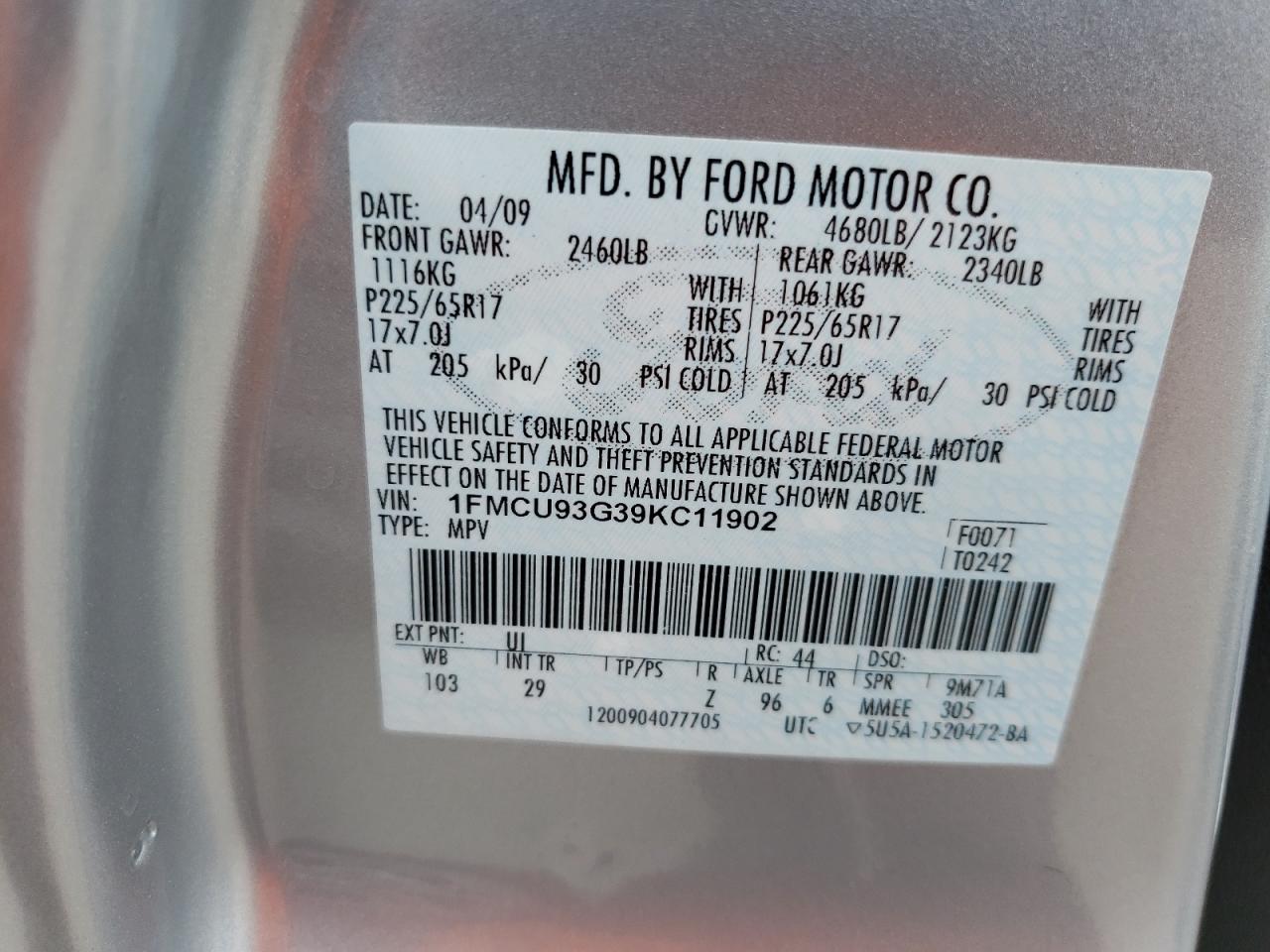Photo 10 from auction – 2009 FORD ESCAPE XLT with VIN 1FMCU93G39KC11902