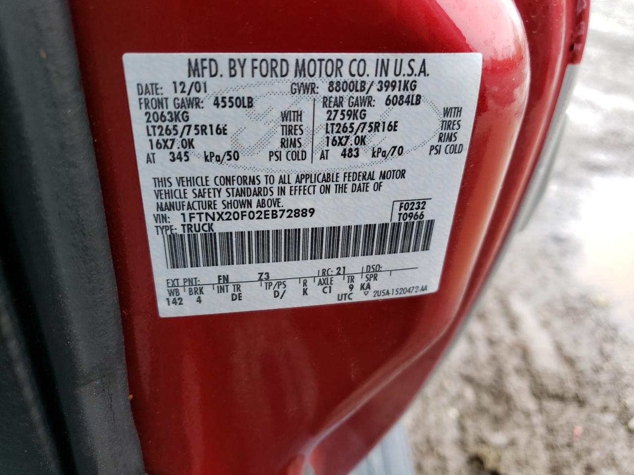 Photo 10 from auction – 2002 FORD F250 SUPER with VIN 1FTNX20F02EB72889
